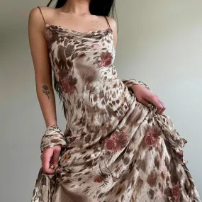 Metaversmall Vintage Fashion Leopard Flowers Print Long Dress Party Spaghetti Strap Y2K Chic Holidays Sundress Elegant Women Sexy