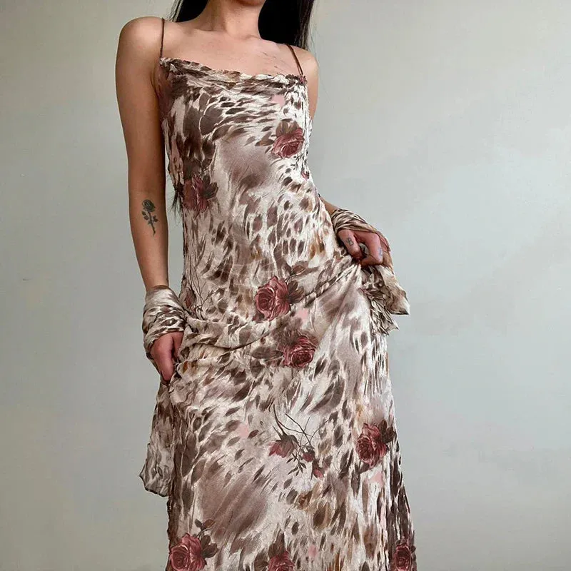 Metaversmall Vintage Fashion Leopard Flowers Print Long Dress Party Spaghetti Strap Y2K Chic Holidays Sundress Elegant Women Sexy