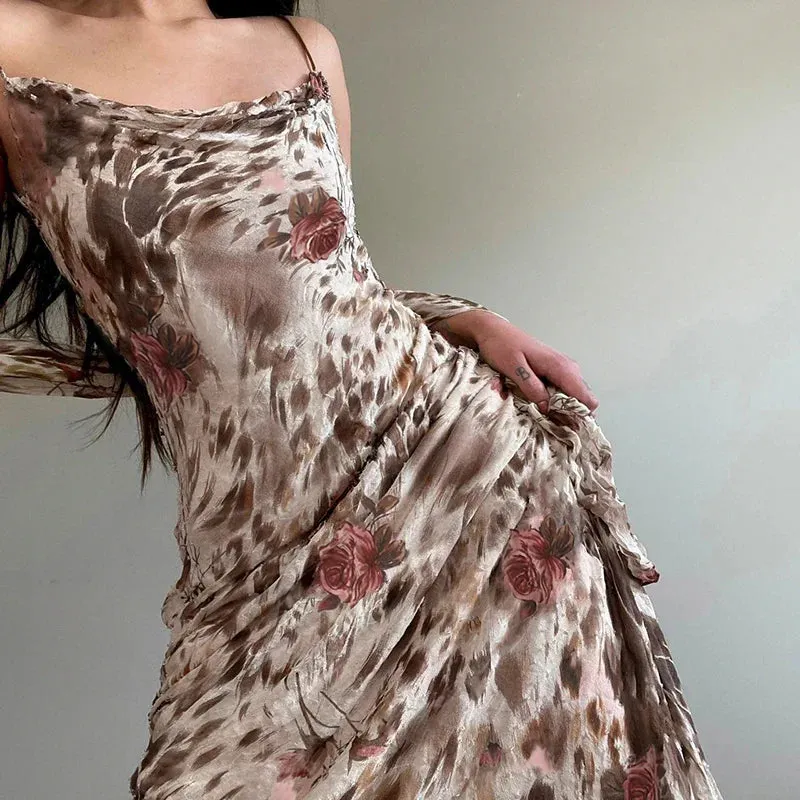 Metaversmall Vintage Fashion Leopard Flowers Print Long Dress Party Spaghetti Strap Y2K Chic Holidays Sundress Elegant Women Sexy