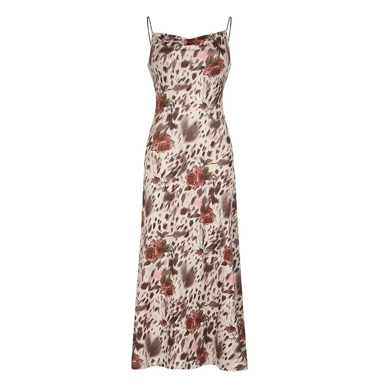 Metaversmall Vintage Fashion Leopard Flowers Print Long Dress Party Spaghetti Strap Y2K Chic Holidays Sundress Elegant Women Sexy