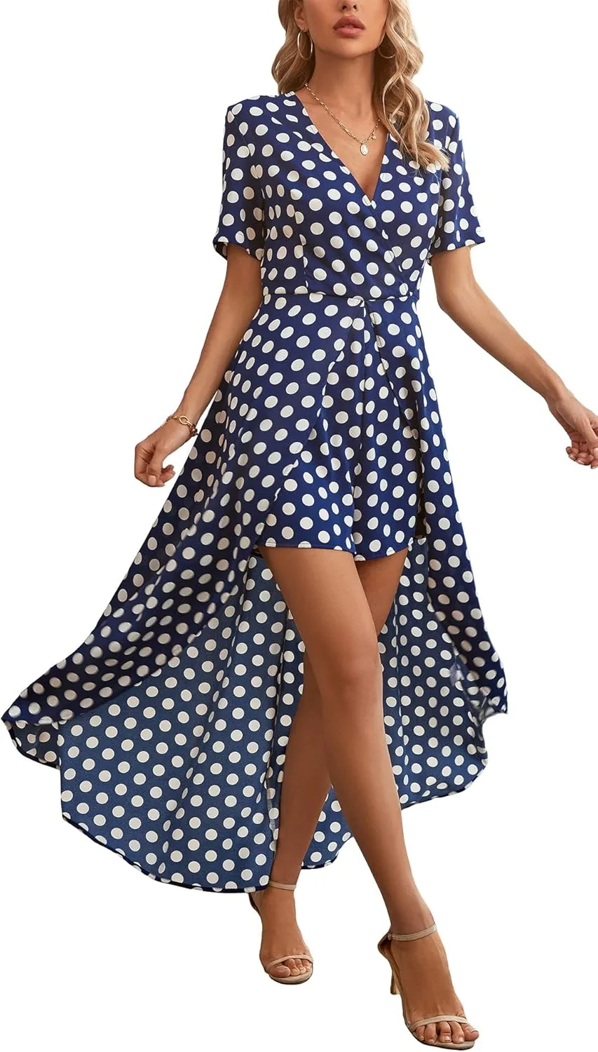 Mizukai Womens Short Sleeve V Neck Floral Flowy Party Split Maxi Romper Dress