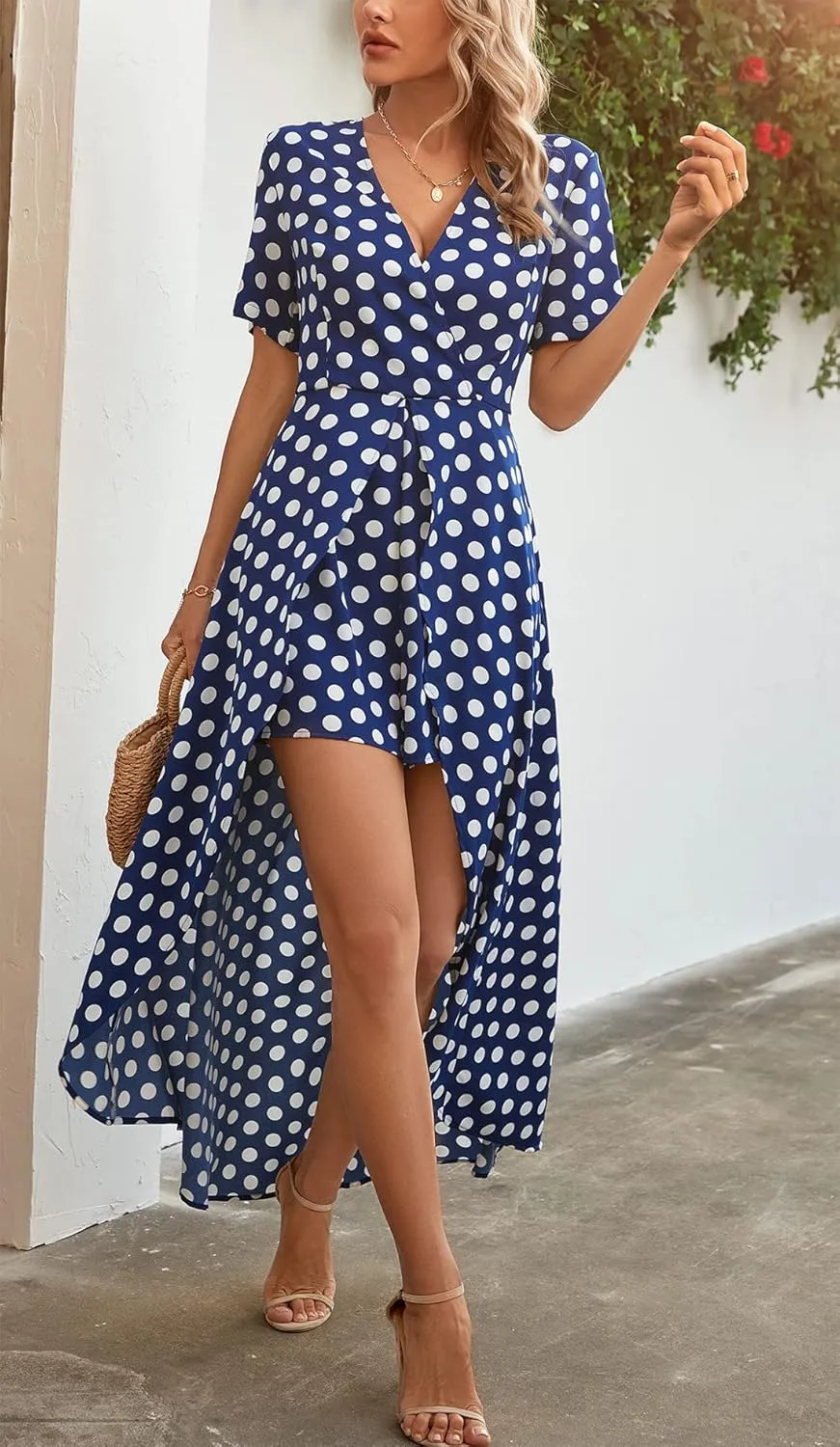 Mizukai Womens Short Sleeve V Neck Floral Flowy Party Split Maxi Romper Dress