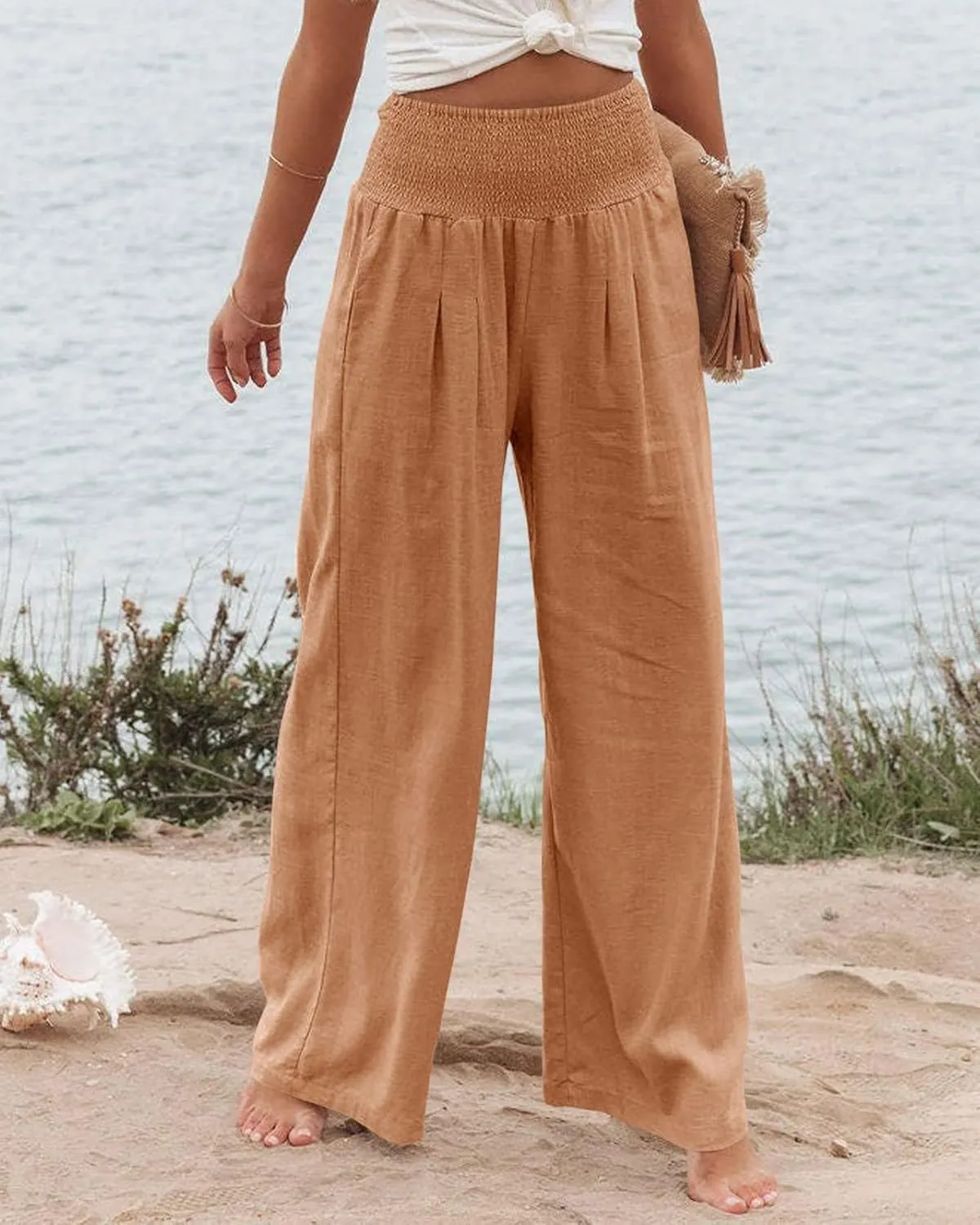 Mmoneyake Women's Linen Palazzo Pants Casual High Waist Wide Leg Flowy Pants Summer Loose Lounge Beach Trousers with Pockets