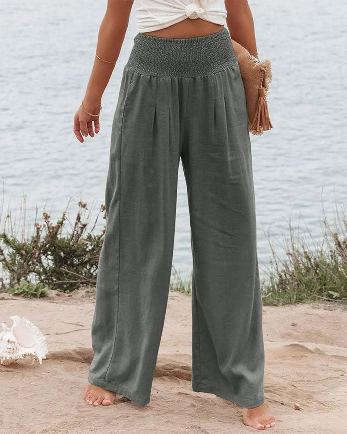 Mmoneyake Women's Linen Palazzo Pants Casual High Waist Wide Leg Flowy Pants Summer Loose Lounge Beach Trousers with Pockets