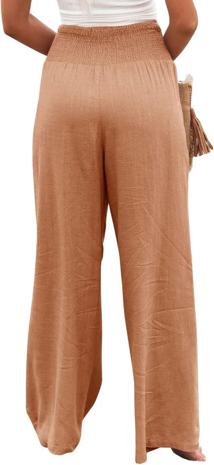 Mmoneyake Women's Linen Palazzo Pants Casual High Waist Wide Leg Flowy Pants Summer Loose Lounge Beach Trousers with Pockets