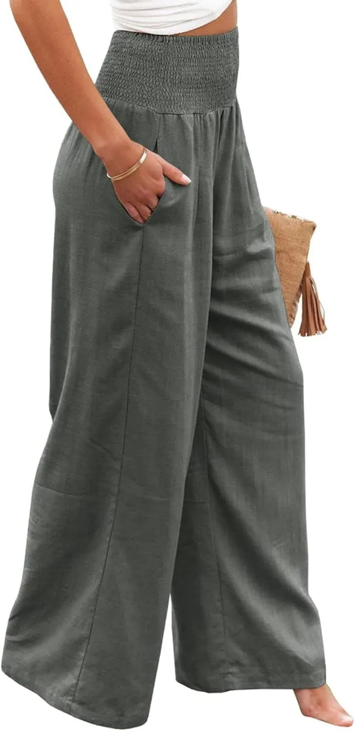 Mmoneyake Women's Linen Palazzo Pants Casual High Waist Wide Leg Flowy Pants Summer Loose Lounge Beach Trousers with Pockets