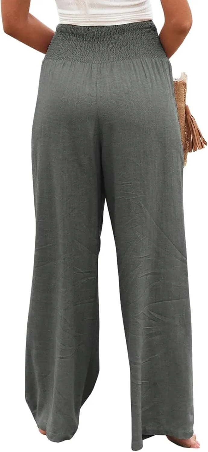 Mmoneyake Women's Linen Palazzo Pants Casual High Waist Wide Leg Flowy Pants Summer Loose Lounge Beach Trousers with Pockets