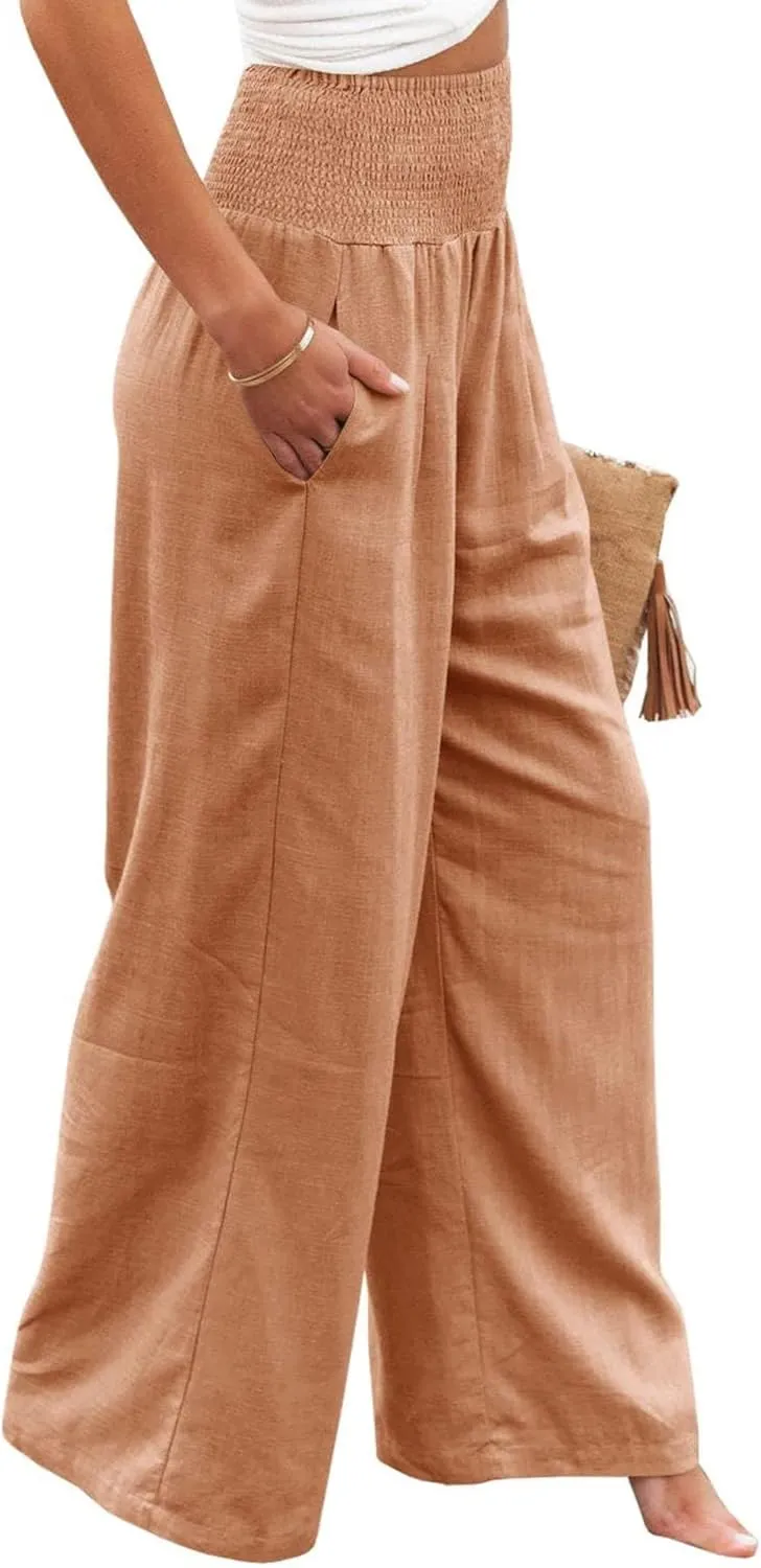 Mmoneyake Women's Linen Palazzo Pants Casual High Waist Wide Leg Flowy Pants Summer Loose Lounge Beach Trousers with Pockets