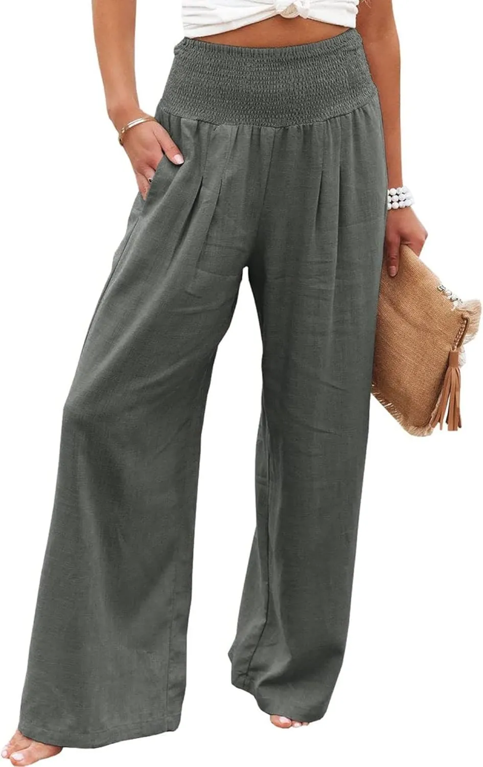 Mmoneyake Women's Linen Palazzo Pants Casual High Waist Wide Leg Flowy Pants Summer Loose Lounge Beach Trousers with Pockets
