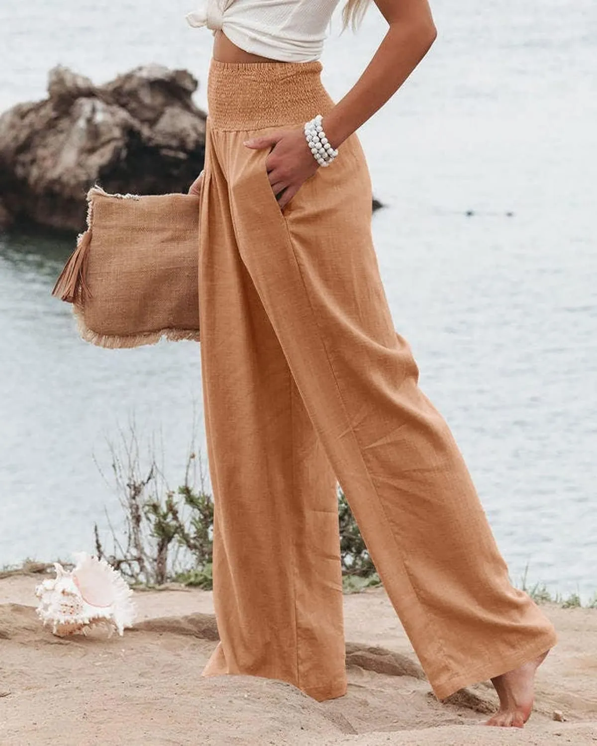 Mmoneyake Women's Linen Palazzo Pants Casual High Waist Wide Leg Flowy Pants Summer Loose Lounge Beach Trousers with Pockets