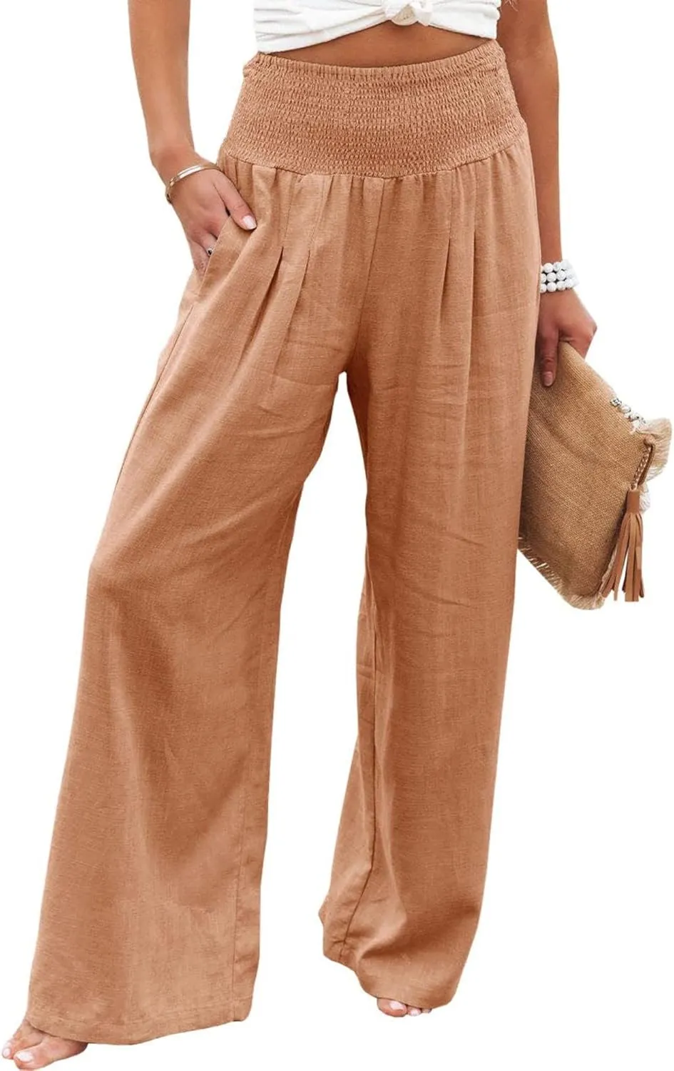 Mmoneyake Women's Linen Palazzo Pants Casual High Waist Wide Leg Flowy Pants Summer Loose Lounge Beach Trousers with Pockets