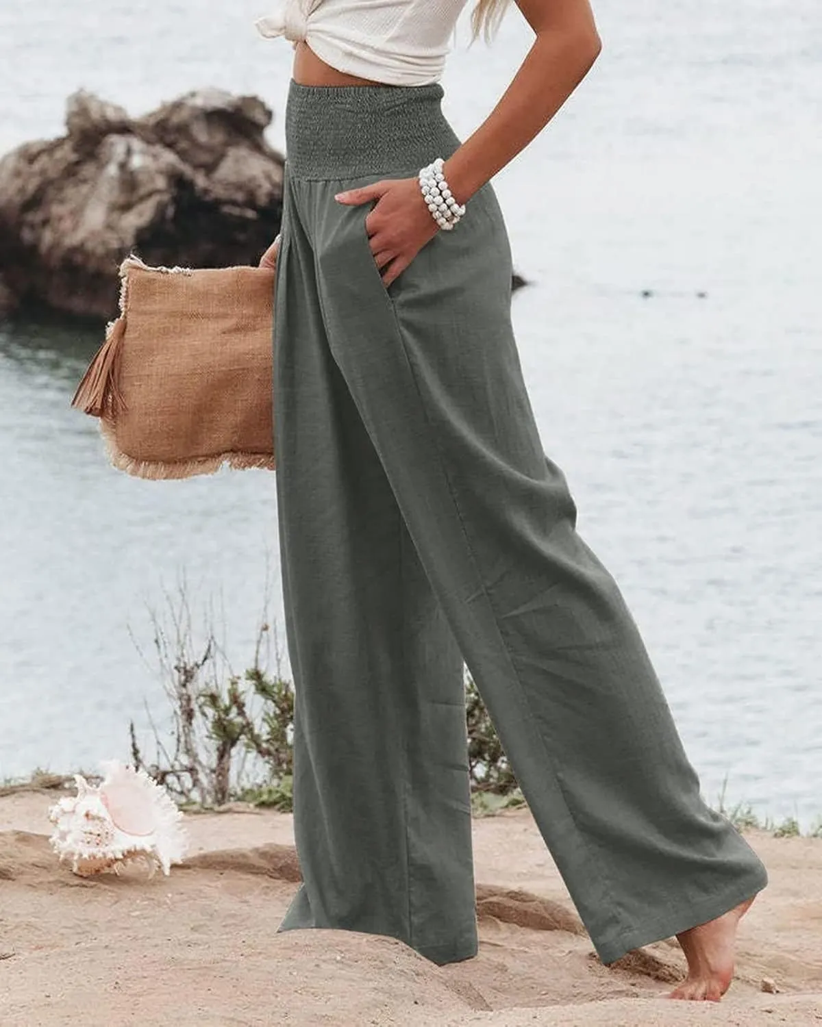 Mmoneyake Women's Linen Palazzo Pants Casual High Waist Wide Leg Flowy Pants Summer Loose Lounge Beach Trousers with Pockets