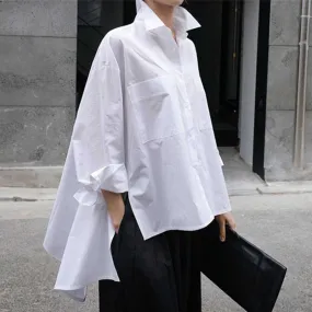 New Lapel Long Sleeve White Back Long Loose Big Size Irregular Shirt