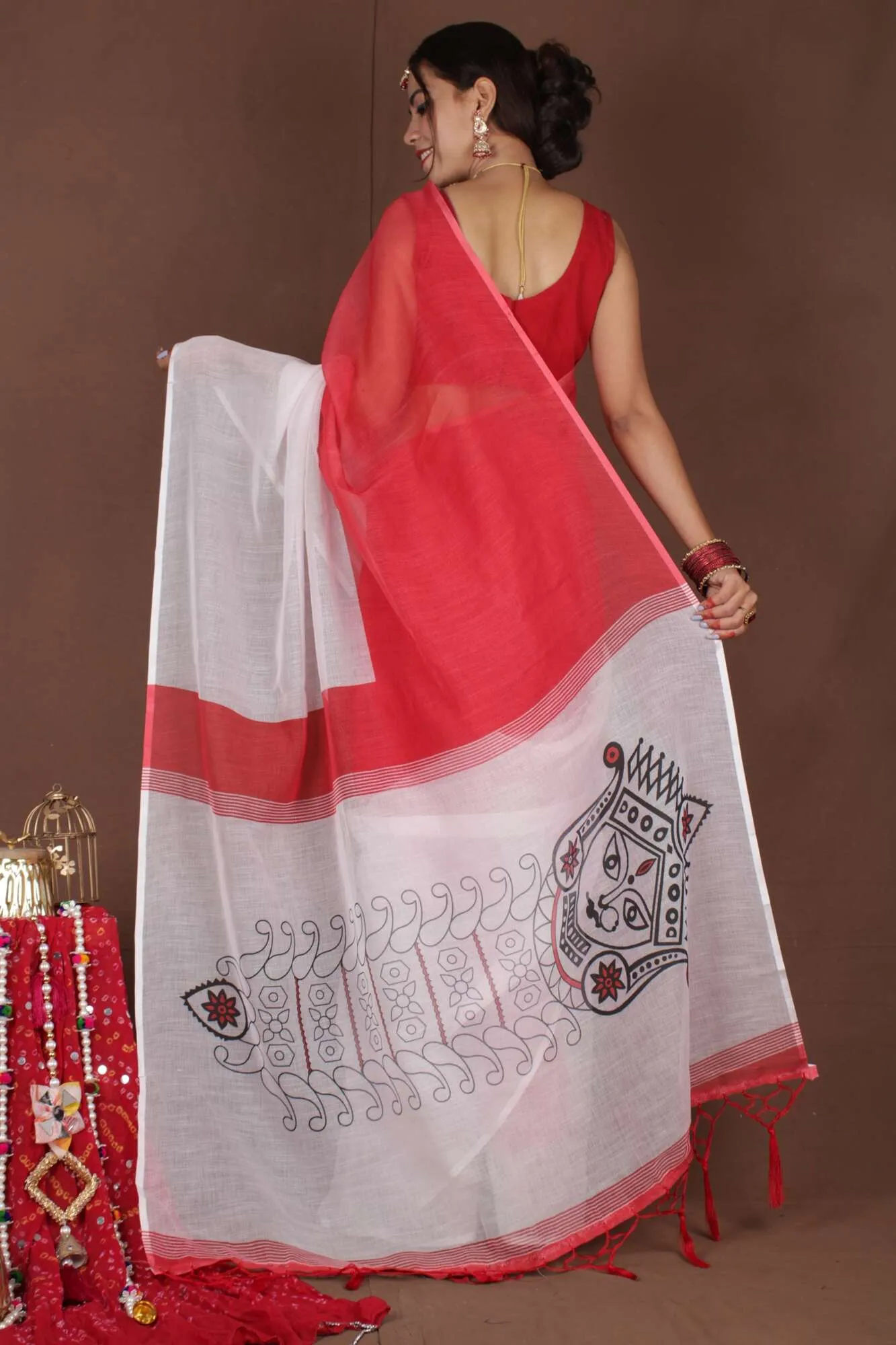 One Minute Bengal Tant Red & White Ready to Wear Saree