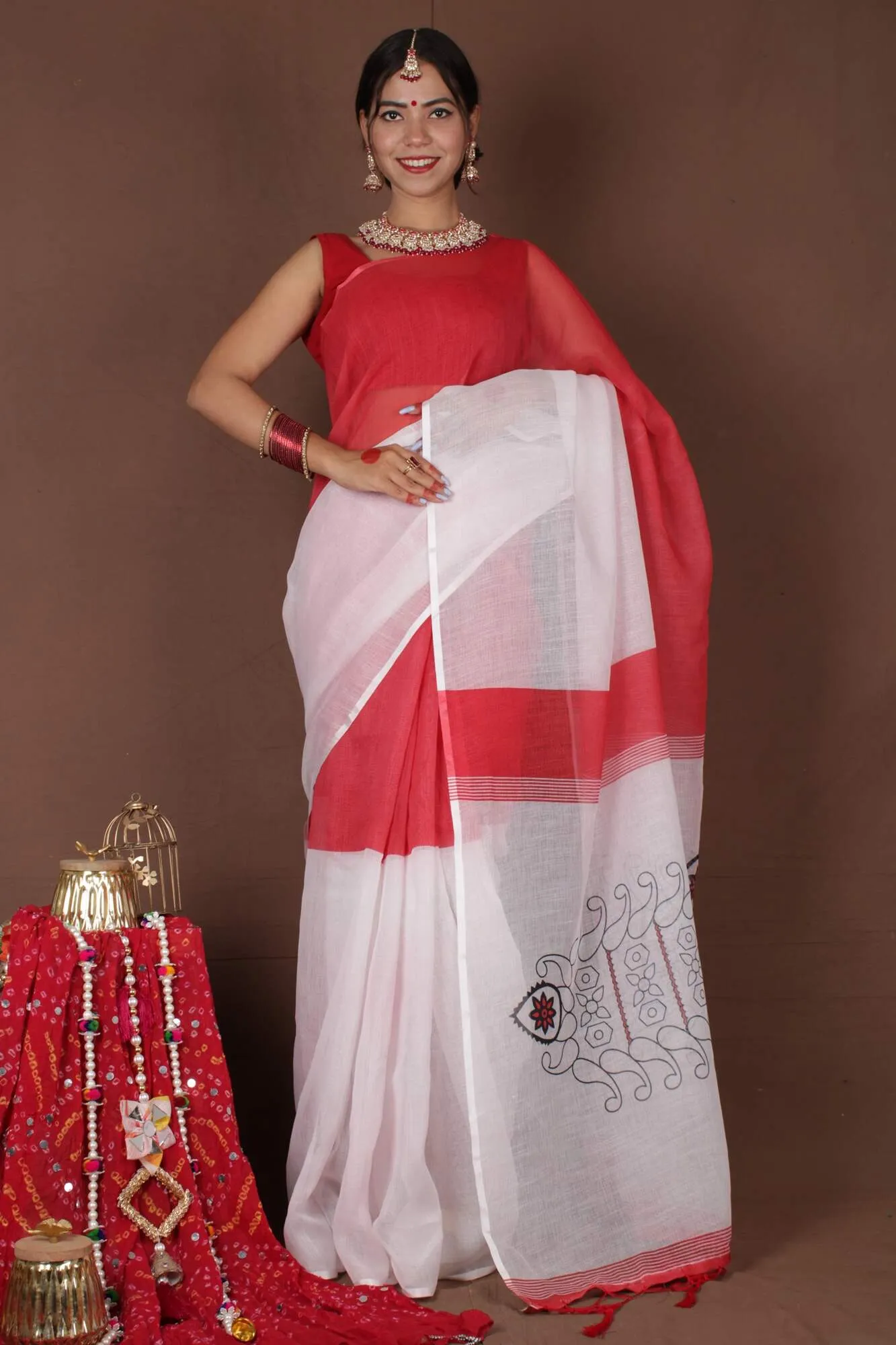 One Minute Bengal Tant Red & White Ready to Wear Saree