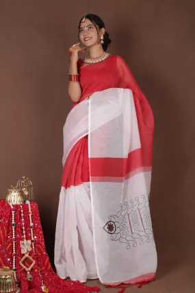 One Minute Bengal Tant Red & White Ready to Wear Saree