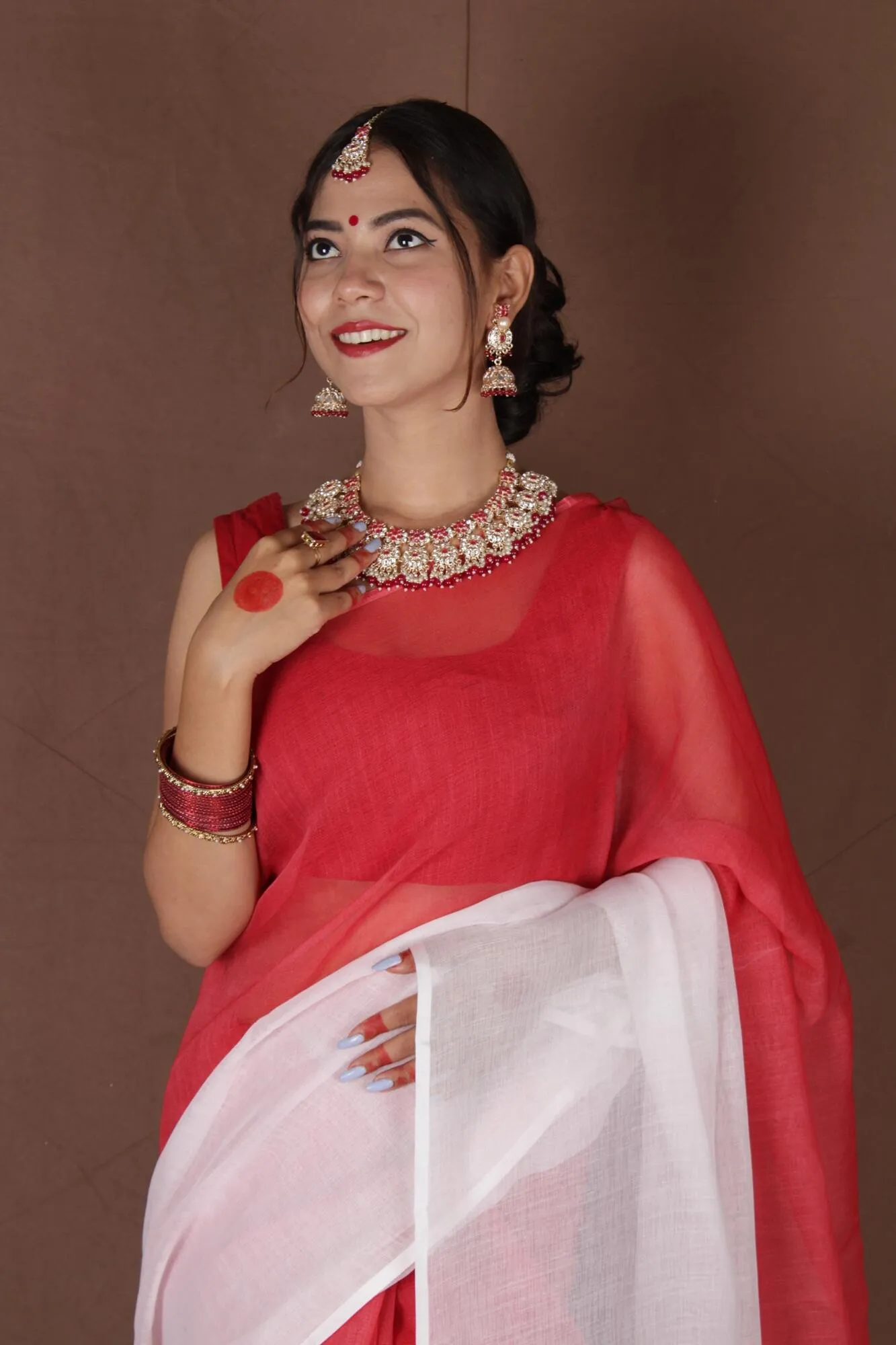 One Minute Bengal Tant Red & White Ready to Wear Saree