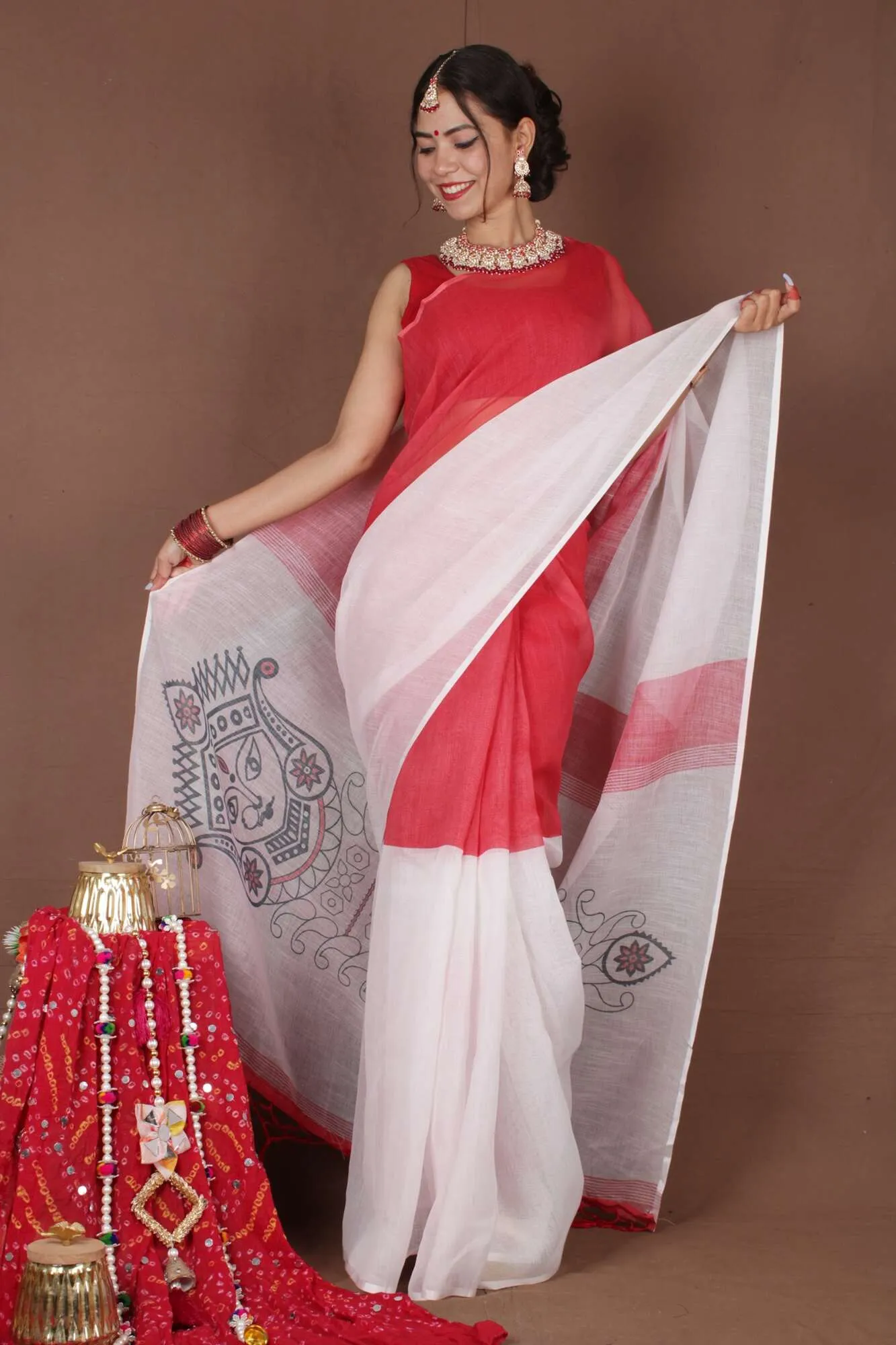 One Minute Bengal Tant Red & White Ready to Wear Saree