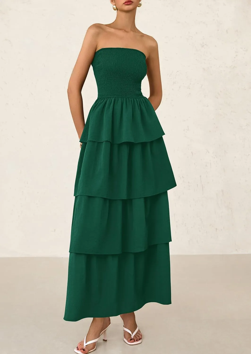 PRETTYGARDEN Maxi Dresses for Women 2025 Summer Off Shoulder Smocked Tiered Ruffle Long Flowy Wedding Guest Dress