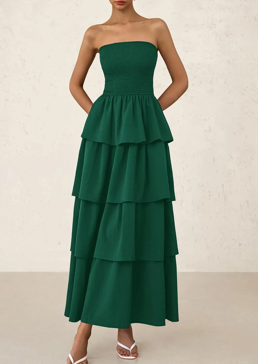 PRETTYGARDEN Maxi Dresses for Women 2025 Summer Off Shoulder Smocked Tiered Ruffle Long Flowy Wedding Guest Dress