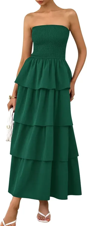 PRETTYGARDEN Maxi Dresses for Women 2025 Summer Off Shoulder Smocked Tiered Ruffle Long Flowy Wedding Guest Dress