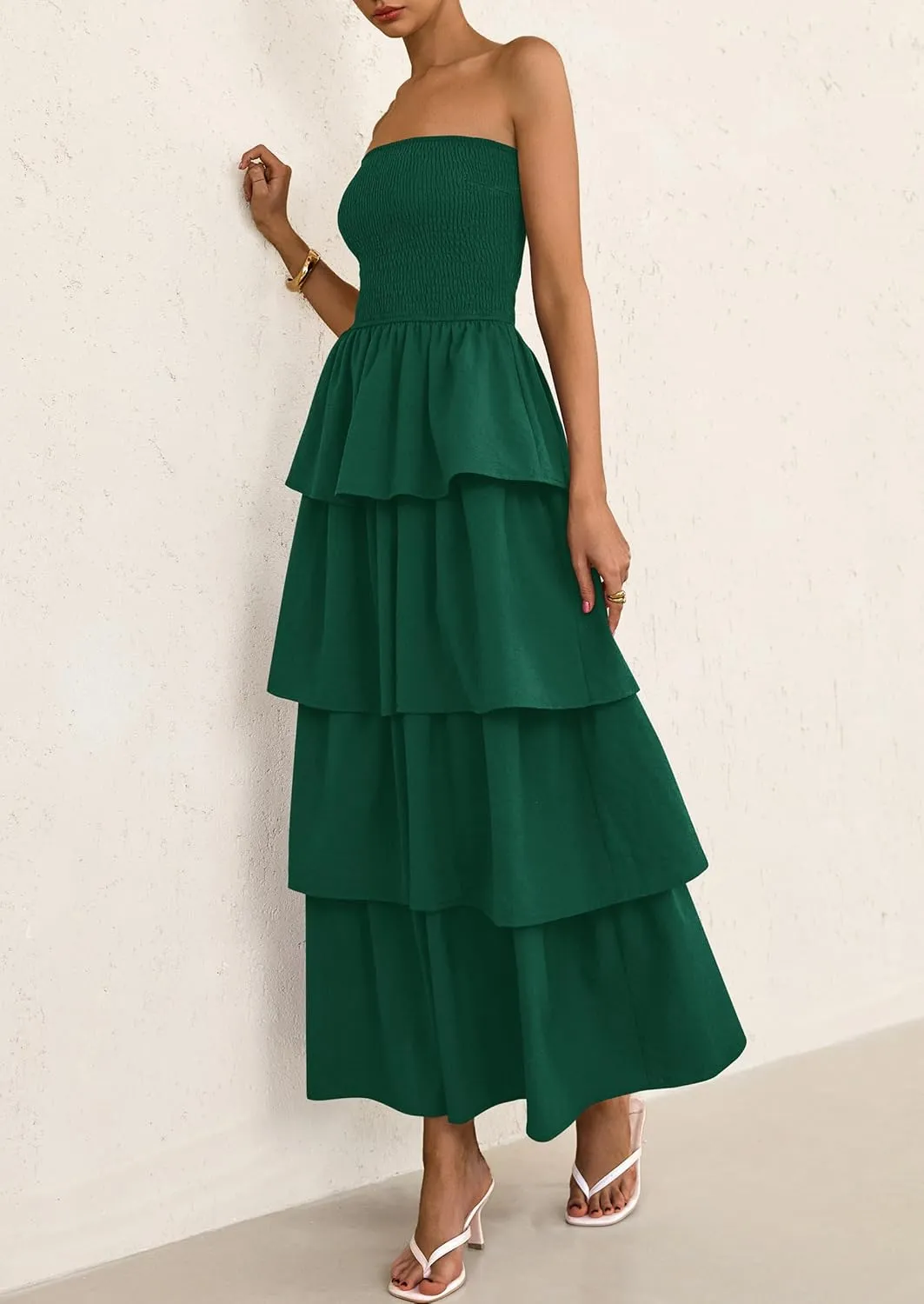 PRETTYGARDEN Maxi Dresses for Women 2025 Summer Off Shoulder Smocked Tiered Ruffle Long Flowy Wedding Guest Dress