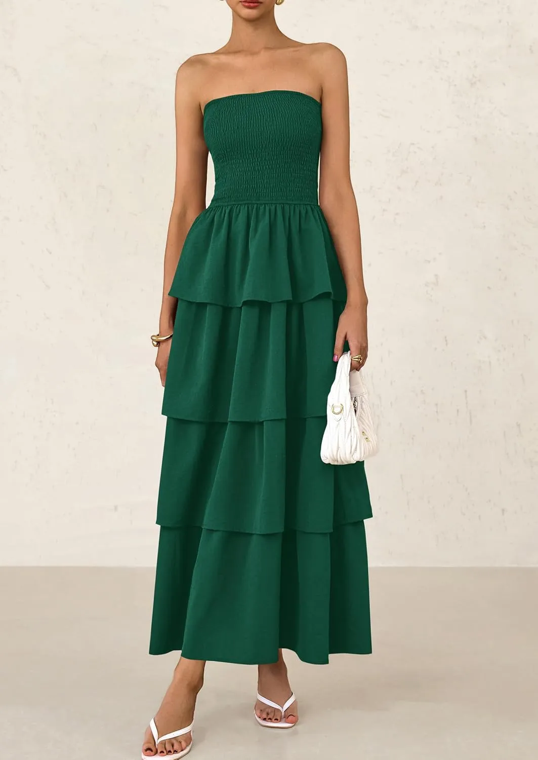 PRETTYGARDEN Maxi Dresses for Women 2025 Summer Off Shoulder Smocked Tiered Ruffle Long Flowy Wedding Guest Dress