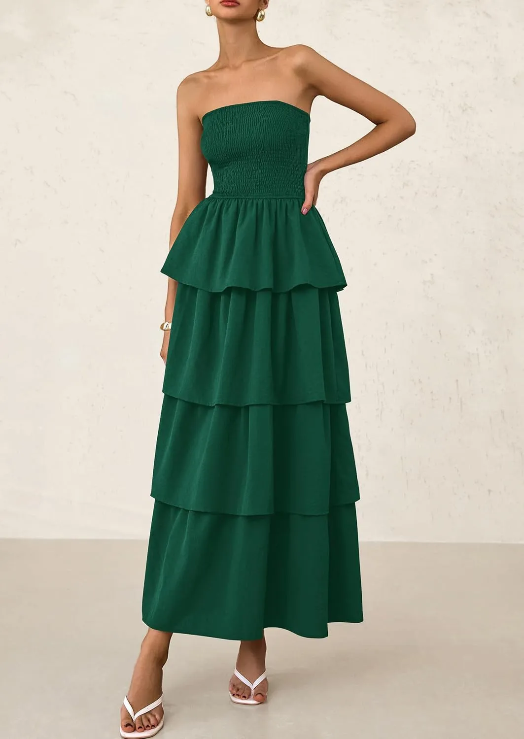 PRETTYGARDEN Maxi Dresses for Women 2025 Summer Off Shoulder Smocked Tiered Ruffle Long Flowy Wedding Guest Dress
