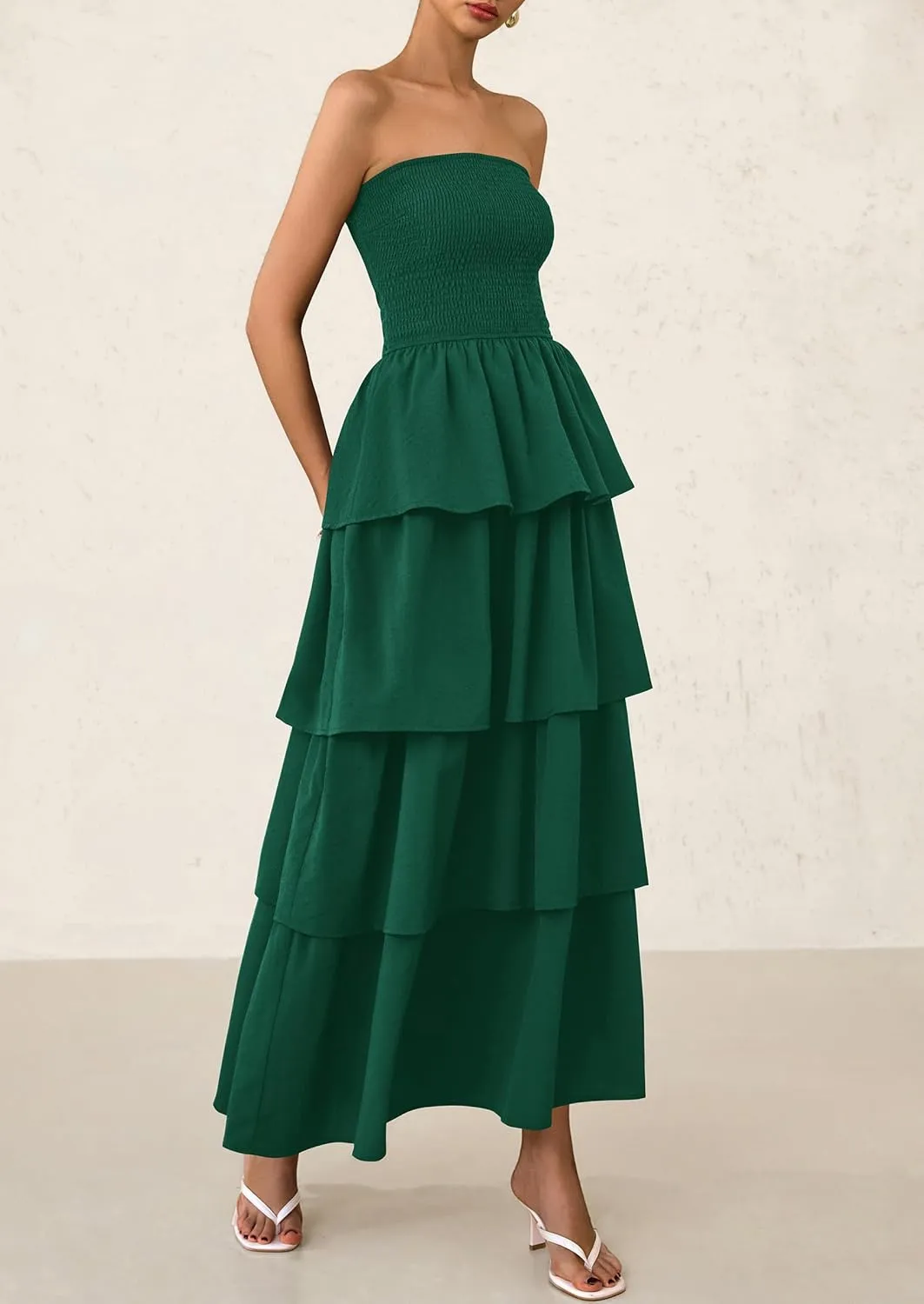 PRETTYGARDEN Maxi Dresses for Women 2025 Summer Off Shoulder Smocked Tiered Ruffle Long Flowy Wedding Guest Dress