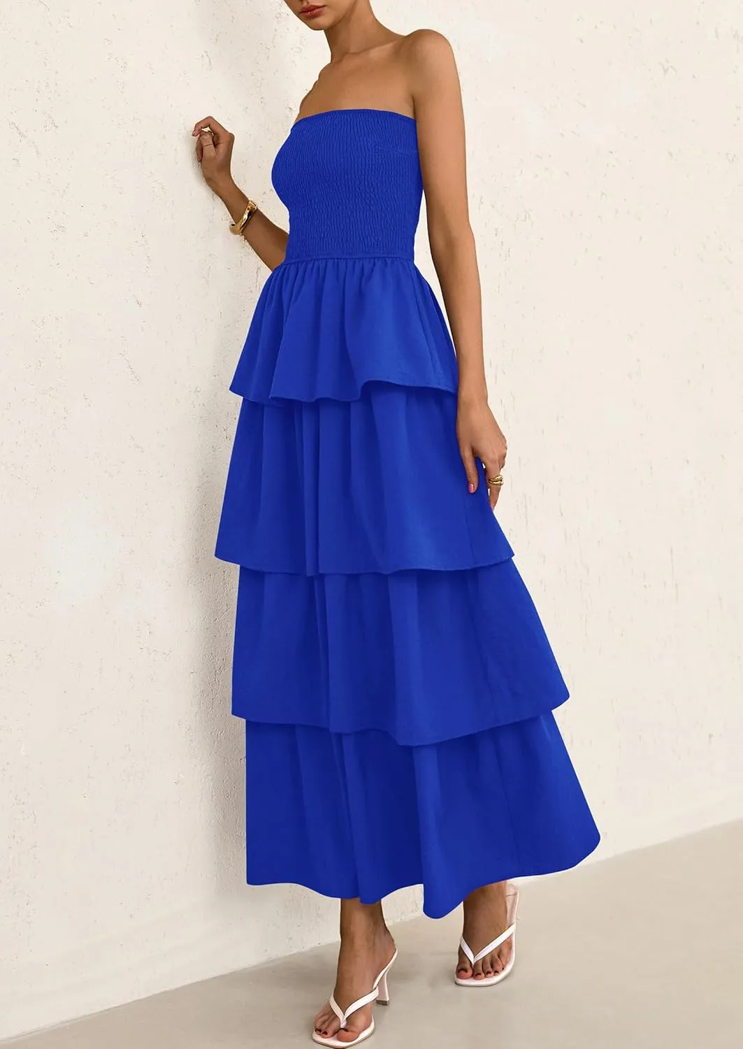 PRETTYGARDEN Maxi Dresses for Women 2025 Summer Off Shoulder Smocked Tiered Ruffle Long Flowy Wedding Guest Dress