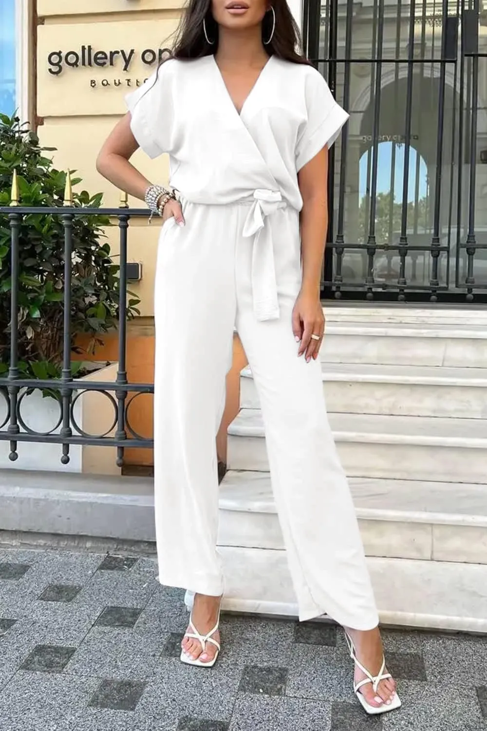 PRETTYGARDEN Women's Summer One Piece Jumpsuits Belted Short Sleeve Wrap V Neck Fashion Dressy Casual Wide Leg Pants Romper
