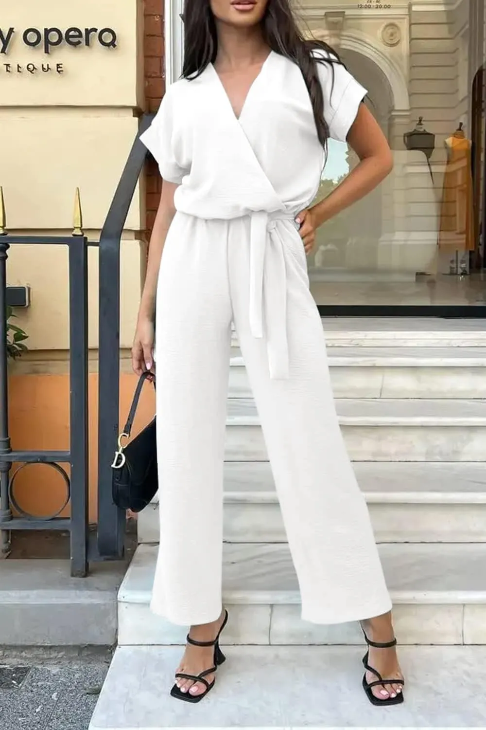 PRETTYGARDEN Women's Summer One Piece Jumpsuits Belted Short Sleeve Wrap V Neck Fashion Dressy Casual Wide Leg Pants Romper