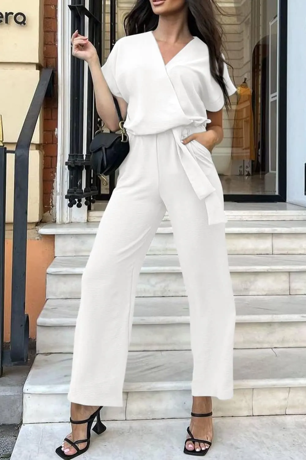 PRETTYGARDEN Women's Summer One Piece Jumpsuits Belted Short Sleeve Wrap V Neck Fashion Dressy Casual Wide Leg Pants Romper