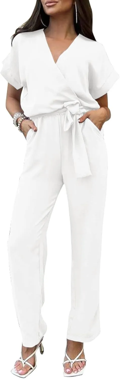 PRETTYGARDEN Women's Summer One Piece Jumpsuits Belted Short Sleeve Wrap V Neck Fashion Dressy Casual Wide Leg Pants Romper