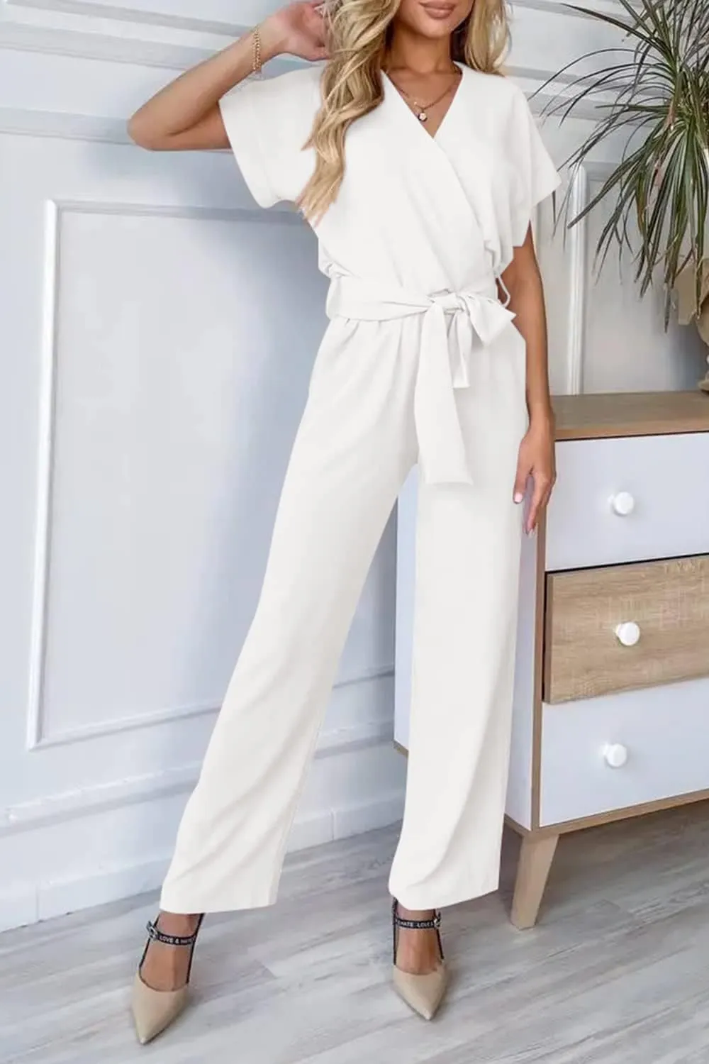 PRETTYGARDEN Women's Summer One Piece Jumpsuits Belted Short Sleeve Wrap V Neck Fashion Dressy Casual Wide Leg Pants Romper