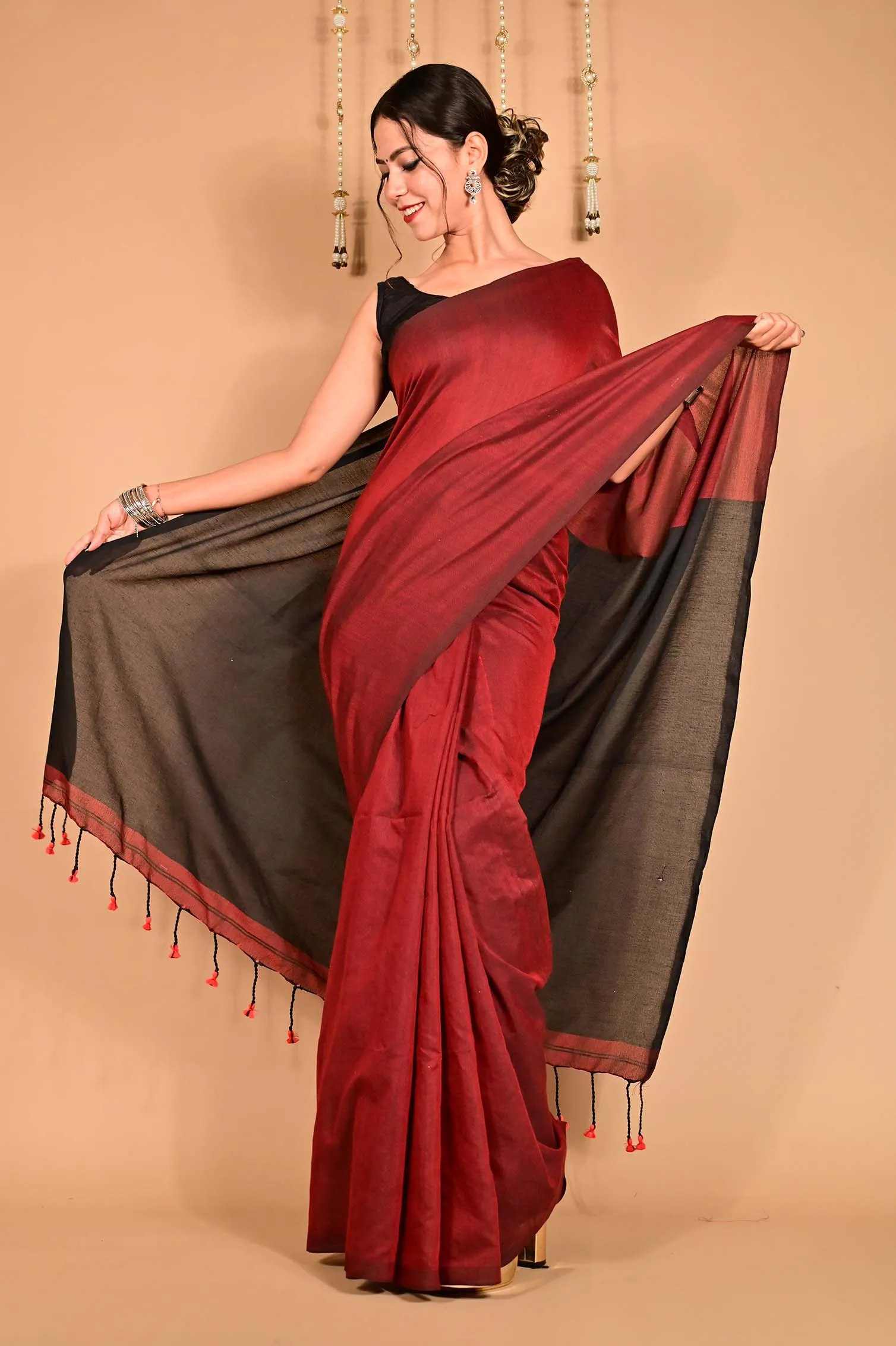 Ready to wear Beautiful Maroon Khadi Cotton Handloom With Black palla & Tassels on Pallu  Wrap in 1 minute Saree