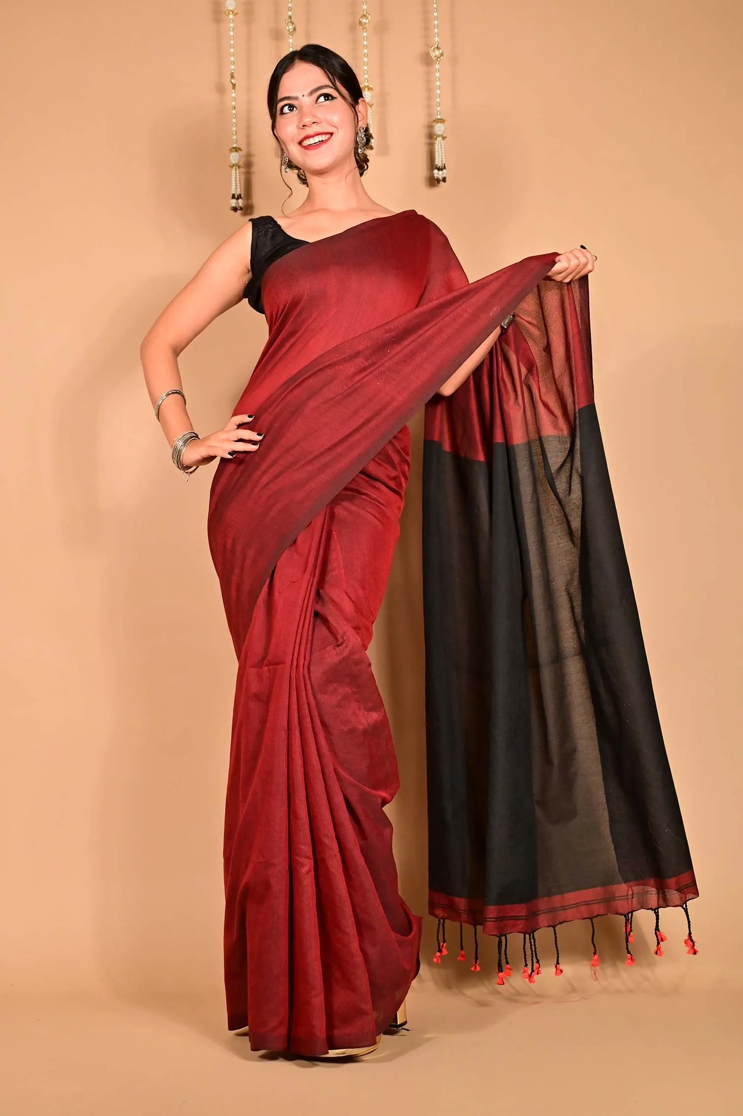 Ready to wear Beautiful Maroon Khadi Cotton Handloom With Black palla & Tassels on Pallu  Wrap in 1 minute Saree