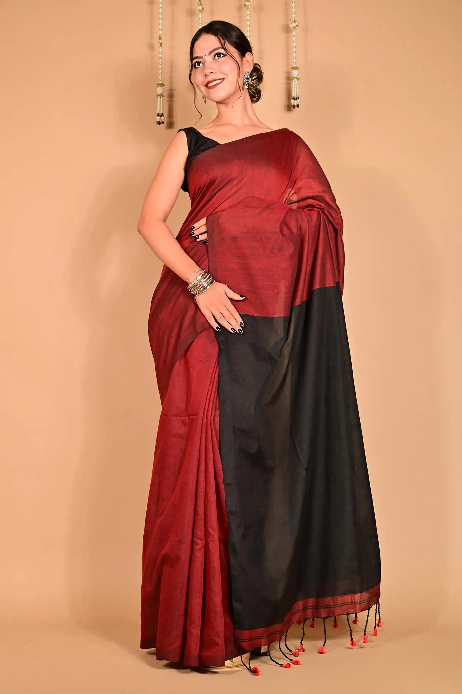 Ready to wear Beautiful Maroon Khadi Cotton Handloom With Black palla & Tassels on Pallu  Wrap in 1 minute Saree