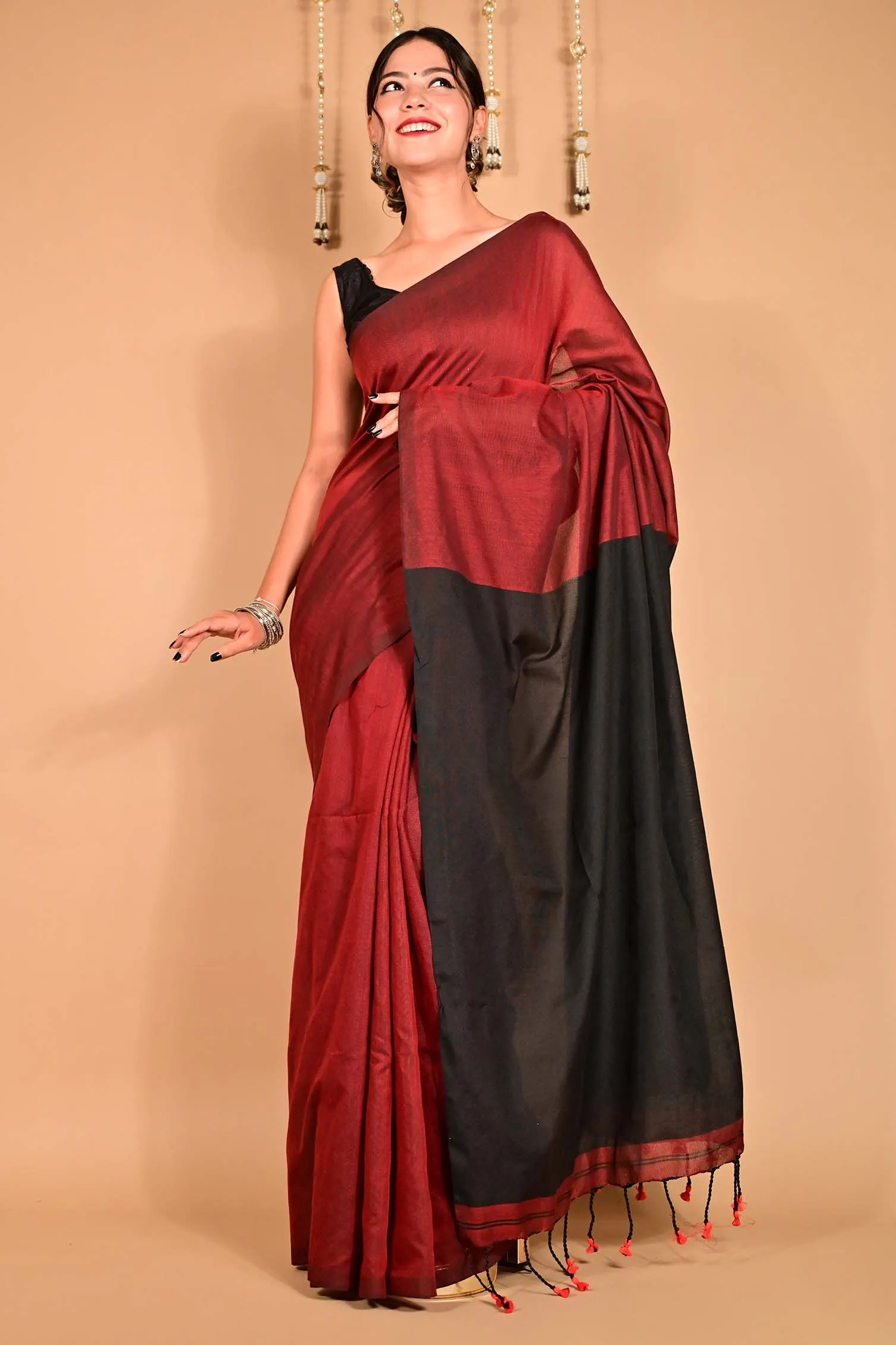 Ready to wear Beautiful Maroon Khadi Cotton Handloom With Black palla & Tassels on Pallu  Wrap in 1 minute Saree