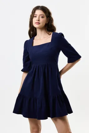 Sassa Lightweight Baby Cord Tiered Mini Dress - Navy