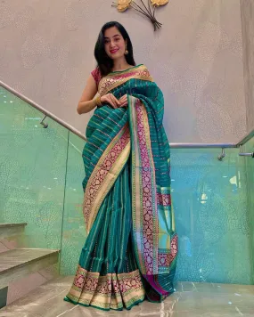 Sensational Rama Soft Silk Saree With Sizzling Blouse Piece