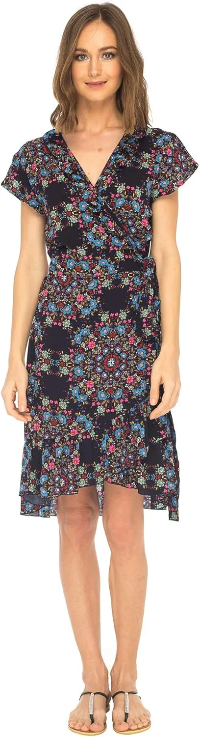 SHU-SHI Womens Midi Floral V-Neck Wrap Dress Short Sleeve Maxi Boho Sundress