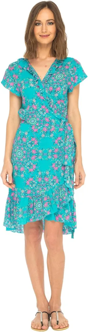 SHU-SHI Womens Midi Floral V-Neck Wrap Dress Short Sleeve Maxi Boho Sundress