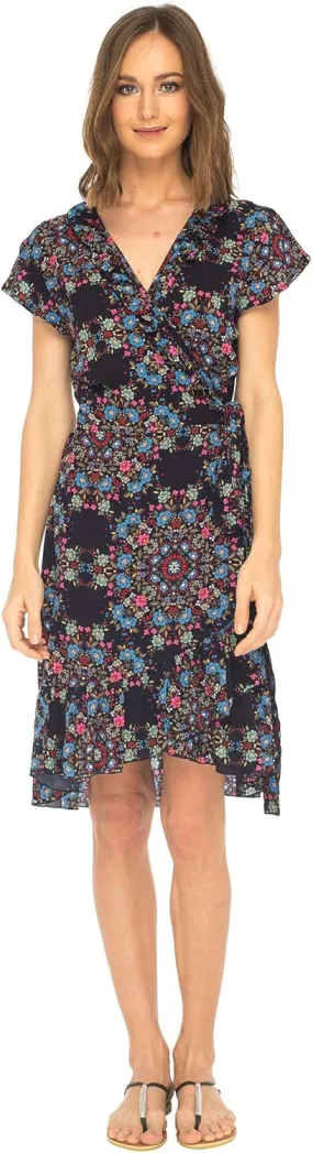 SHU-SHI Womens Midi Floral V-Neck Wrap Dress Short Sleeve Maxi Boho Sundress