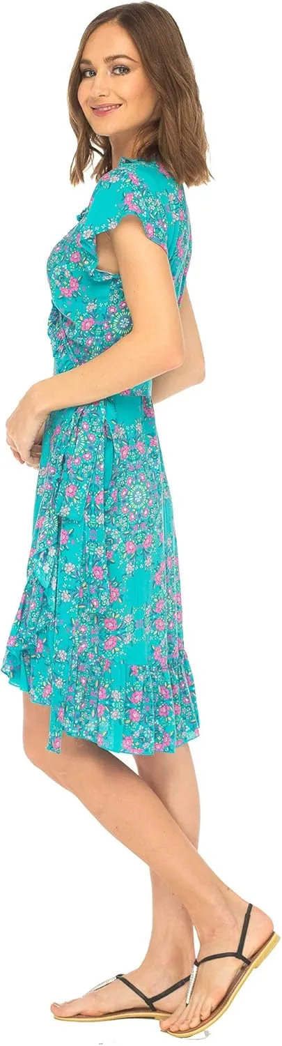 SHU-SHI Womens Midi Floral V-Neck Wrap Dress Short Sleeve Maxi Boho Sundress