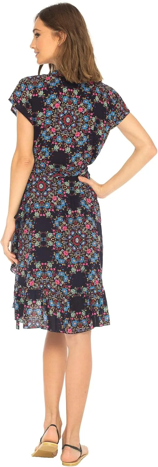 SHU-SHI Womens Midi Floral V-Neck Wrap Dress Short Sleeve Maxi Boho Sundress