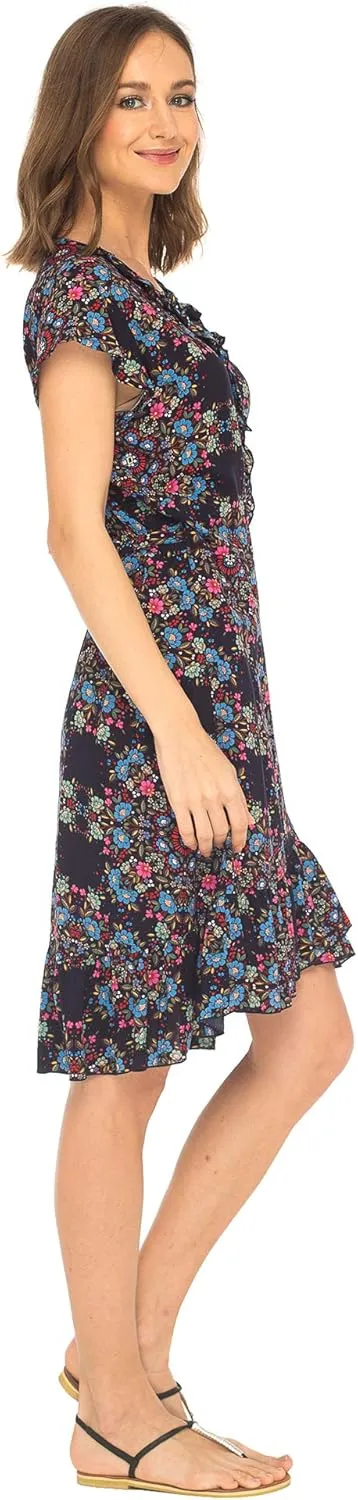 SHU-SHI Womens Midi Floral V-Neck Wrap Dress Short Sleeve Maxi Boho Sundress