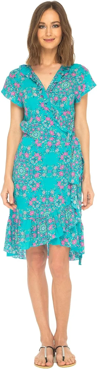 SHU-SHI Womens Midi Floral V-Neck Wrap Dress Short Sleeve Maxi Boho Sundress