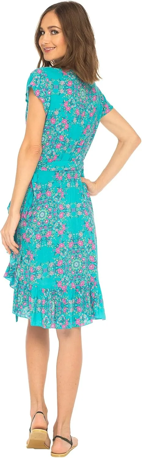 SHU-SHI Womens Midi Floral V-Neck Wrap Dress Short Sleeve Maxi Boho Sundress