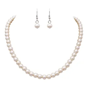 Simulated 8mm Glass Pearl Necklace Strand And Dangle Earrings Set, 16"-18" plus 3" Extender (Cream)